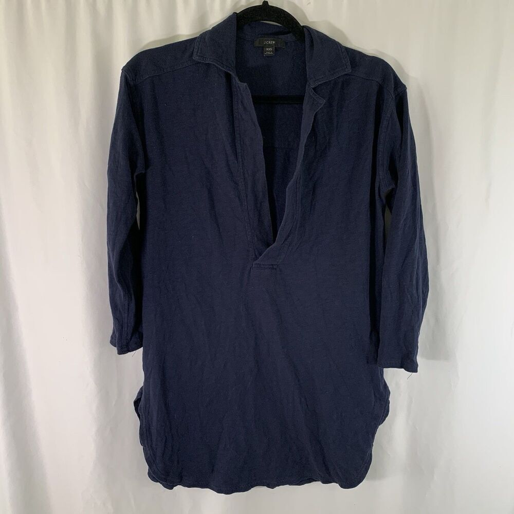 J. Crew Blouse Women's XXS Navy Blue Long Sleeve Collared Vneck 100% Cotton